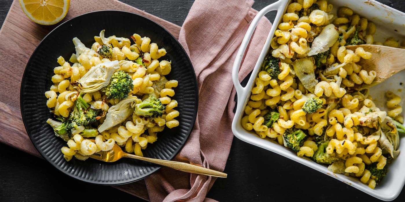 Baked Artichoke Cavatappi with Melted Leeks & Roasted Broccoli