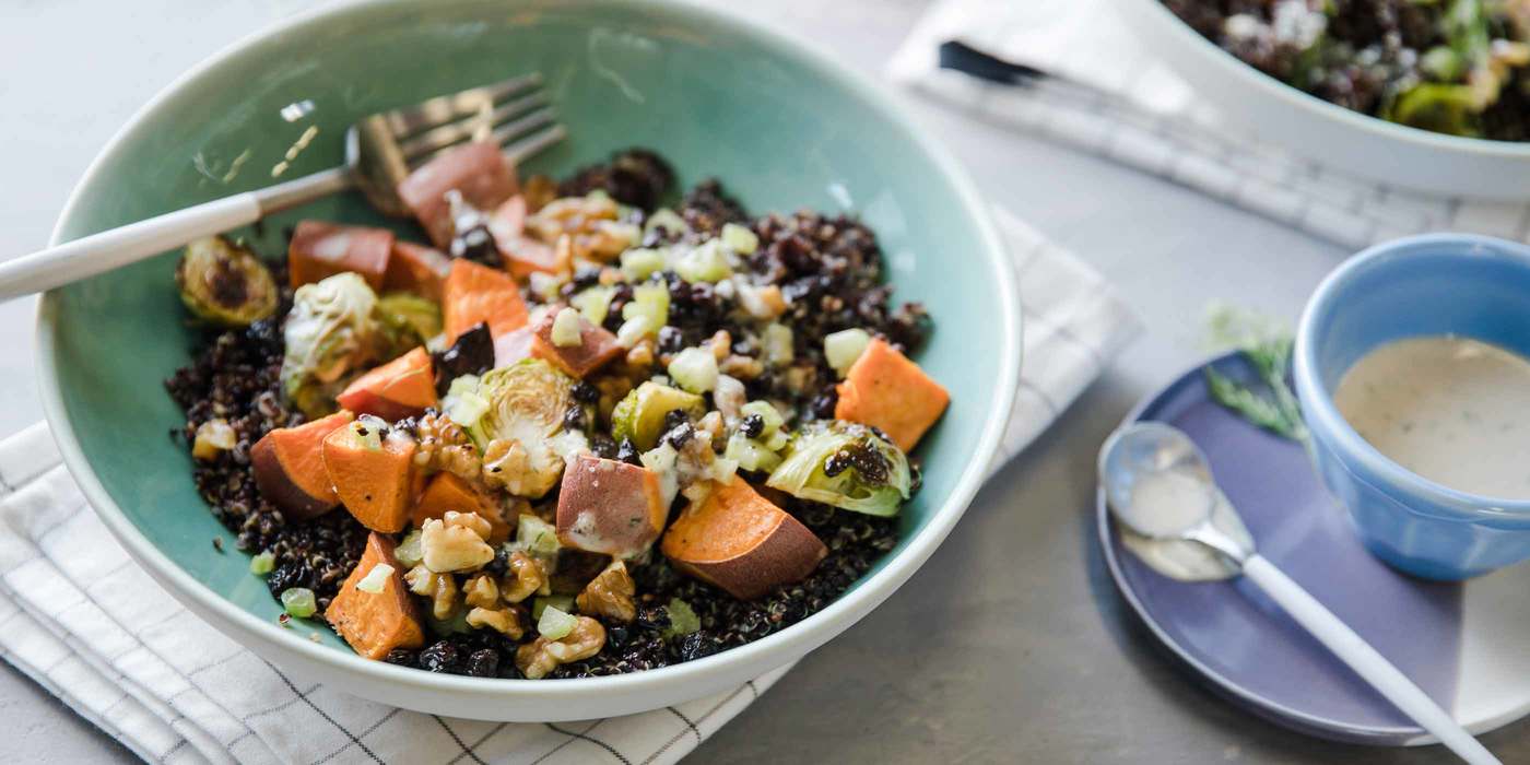 Winter Vegetable Grain Bowl with Currant Walnut Relish & Dill Tahini