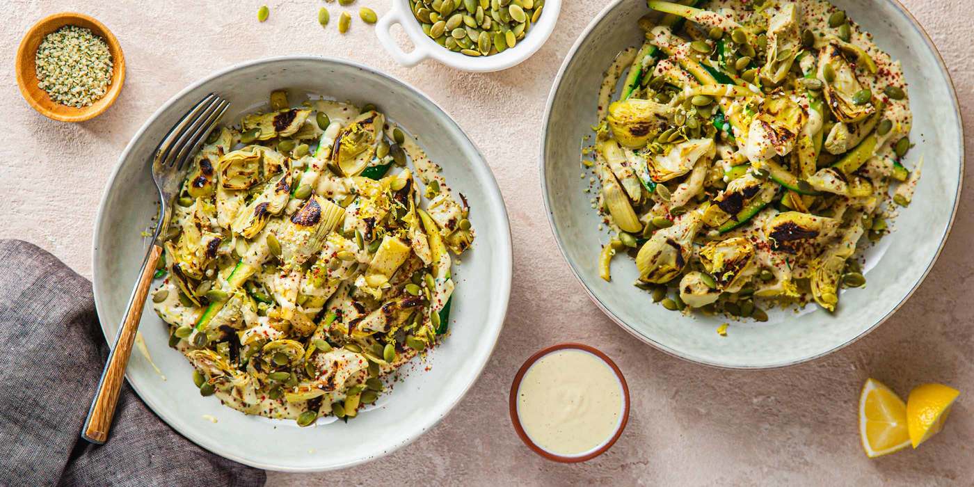 Lemon Zucchini Noodles with Cashew Cream & Crispy Artichoke Hearts