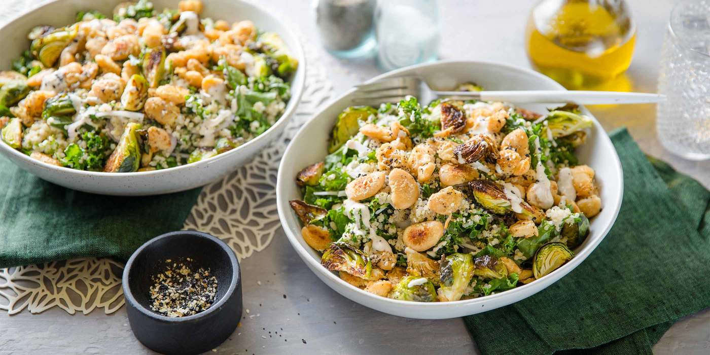 Roasted Brussels Sprouts Caesar Salad with Quinoa & Crispy Butter Beans