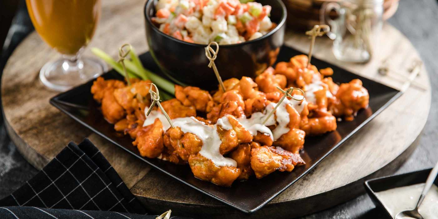 Baked Mango Cauliflower Wings with "Bleu Cheese" Potato Salad