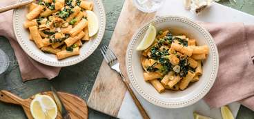 Red Pepper Rigatoni with Greens & Garlic Chips