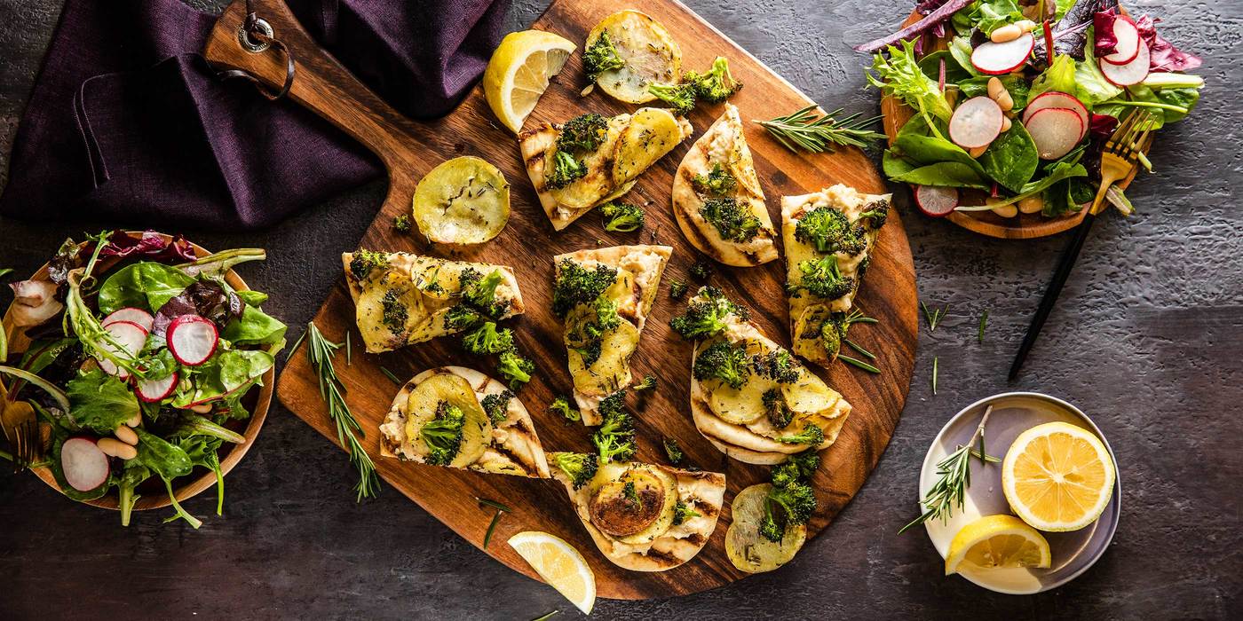 Rosemary Potato Flatbread with White Bean Puree & Charred Broccoli