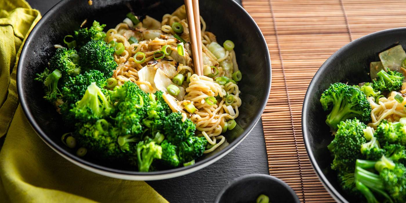 Chinese Longevity Noodles with Cabbage & Steamed Broccoli