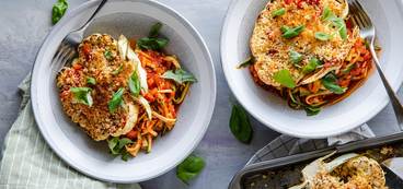 Baked Cauliflower Parmesan with Zucchini Noodles & Garlic Breadcrumbs