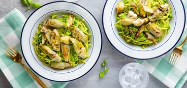 Sweet Pea Linguine Alfredo with Artichokes & Truffle Oil