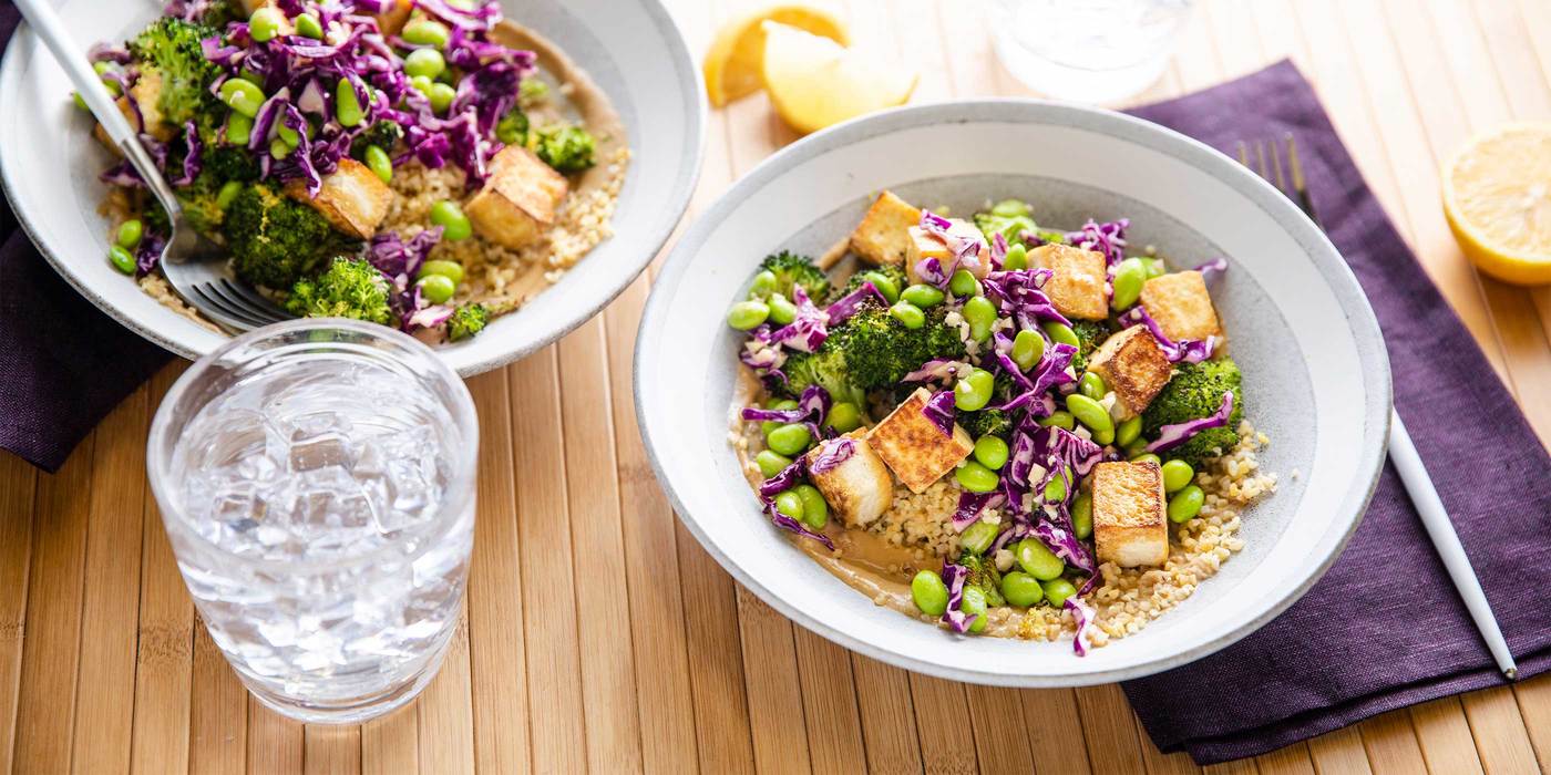 Tahini Bulgur Bowl with Charred Broccoli & Crispy Tofu