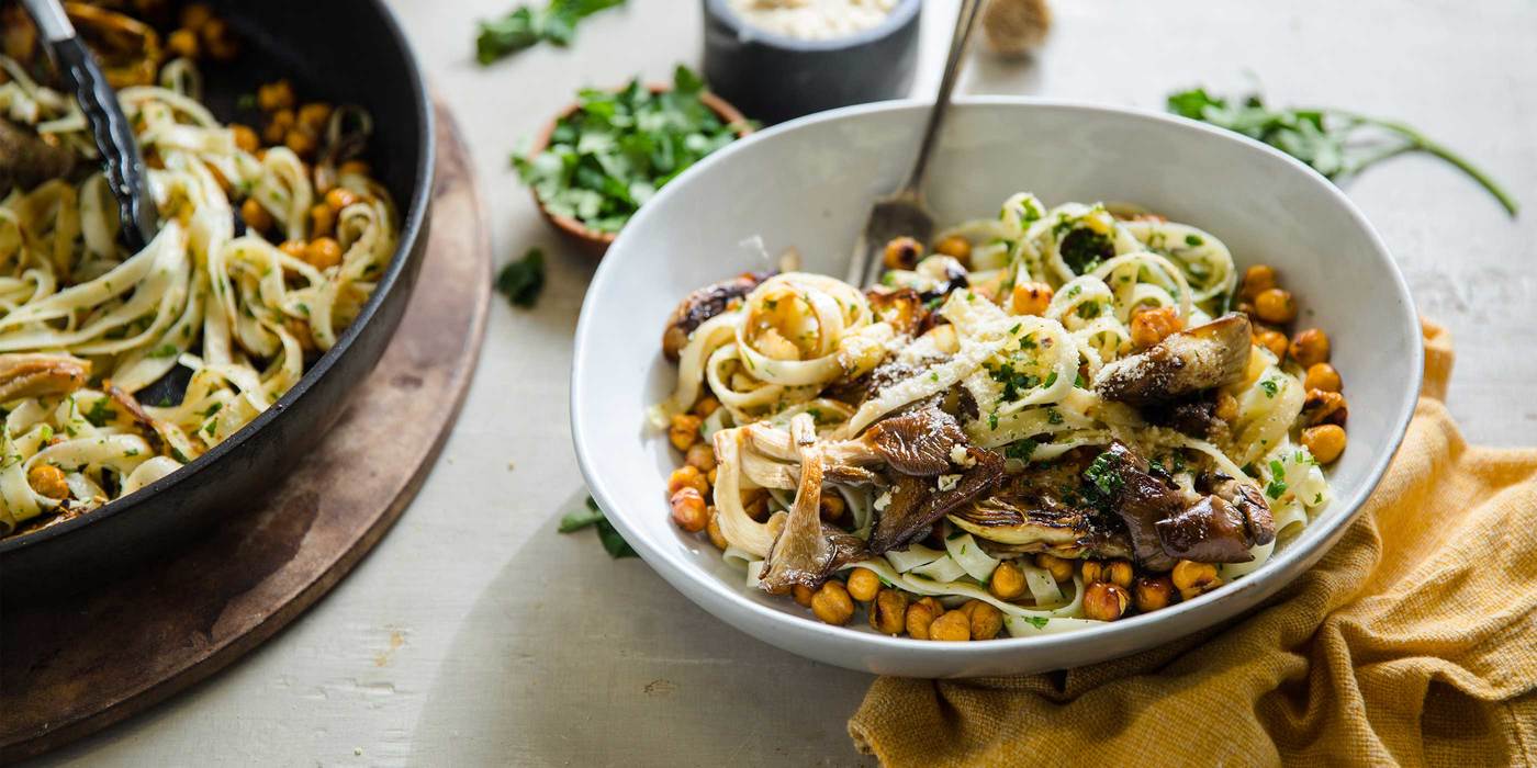 Wild Mushroom & Artichoke Fettuccine with Tangy Chickpeas