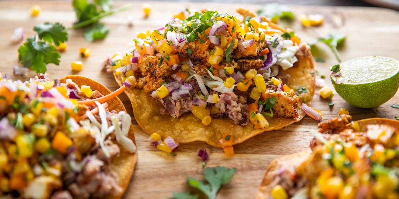 Roasted Tofu Tostadas with Rainbow Salsa & Refried Beans