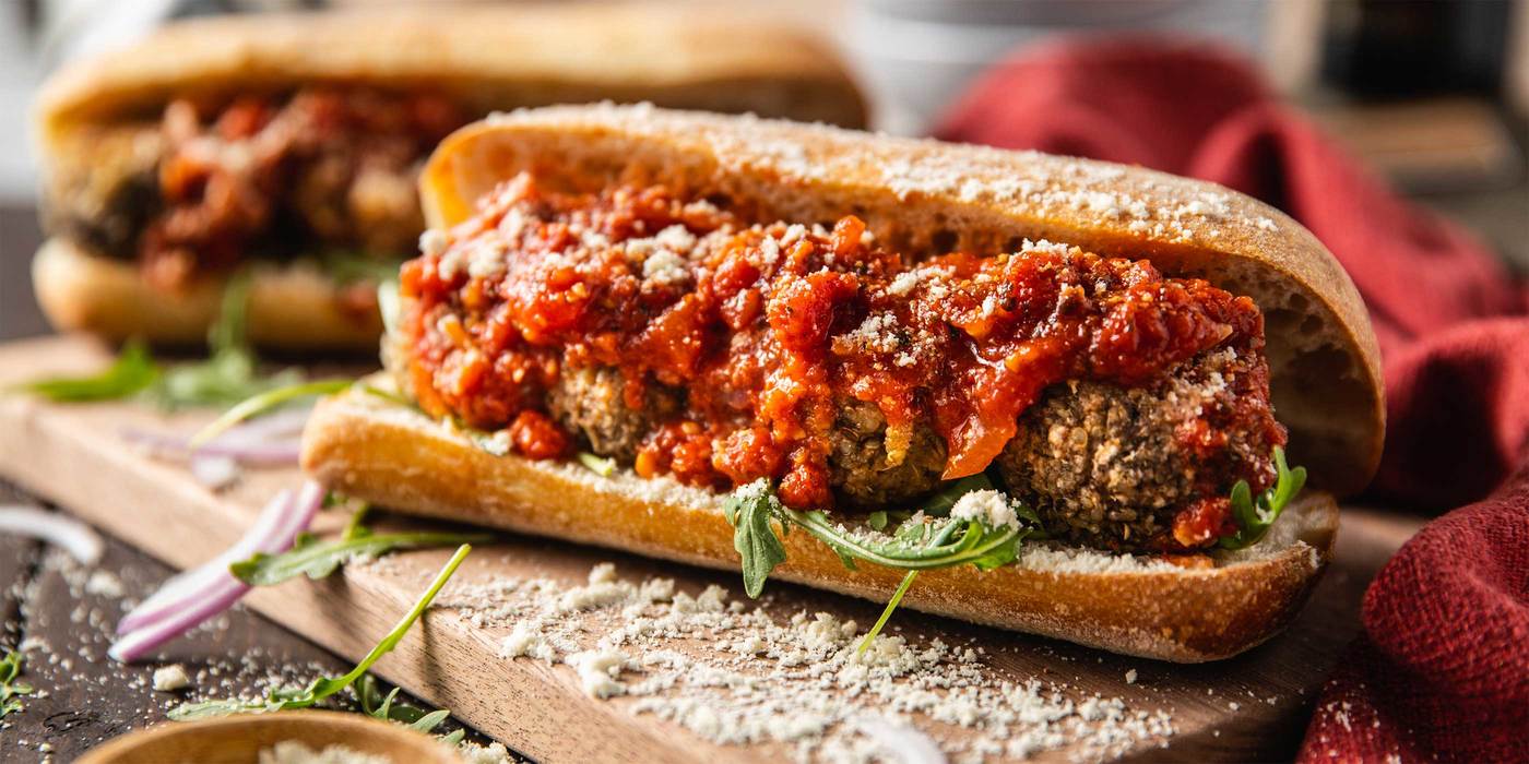 Cannellini & Mushroom “Meatball” Subs with Classic Red Sauce