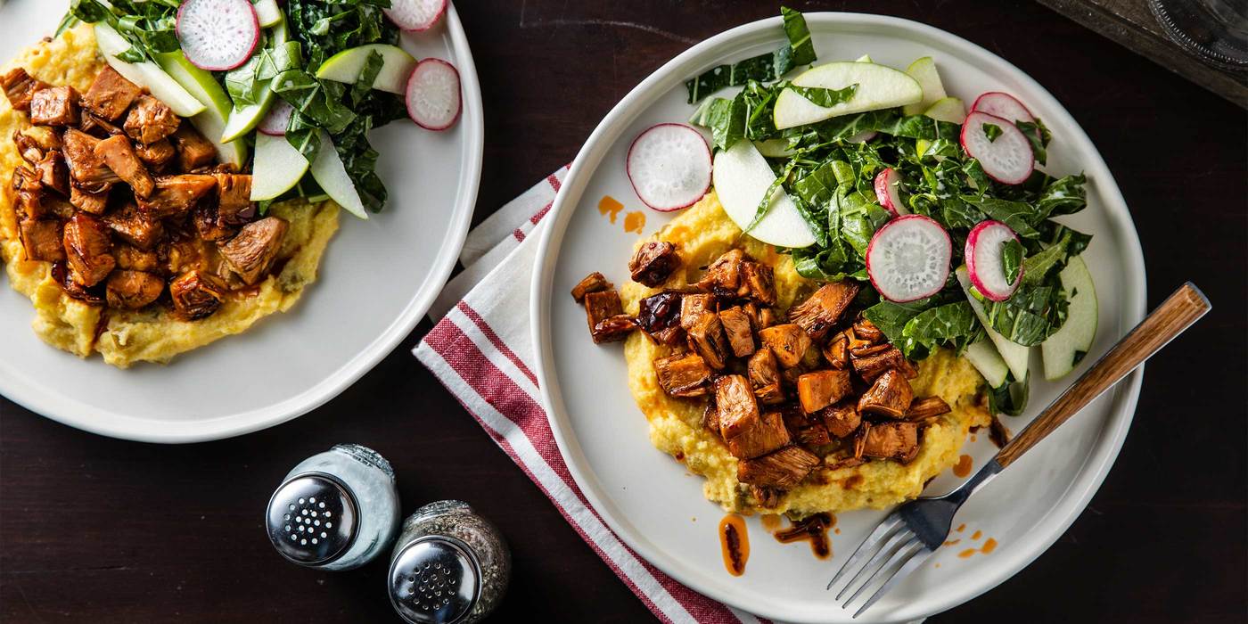 BBQ Jackfruit with Green Chile Polenta & Collard Apple Slaw