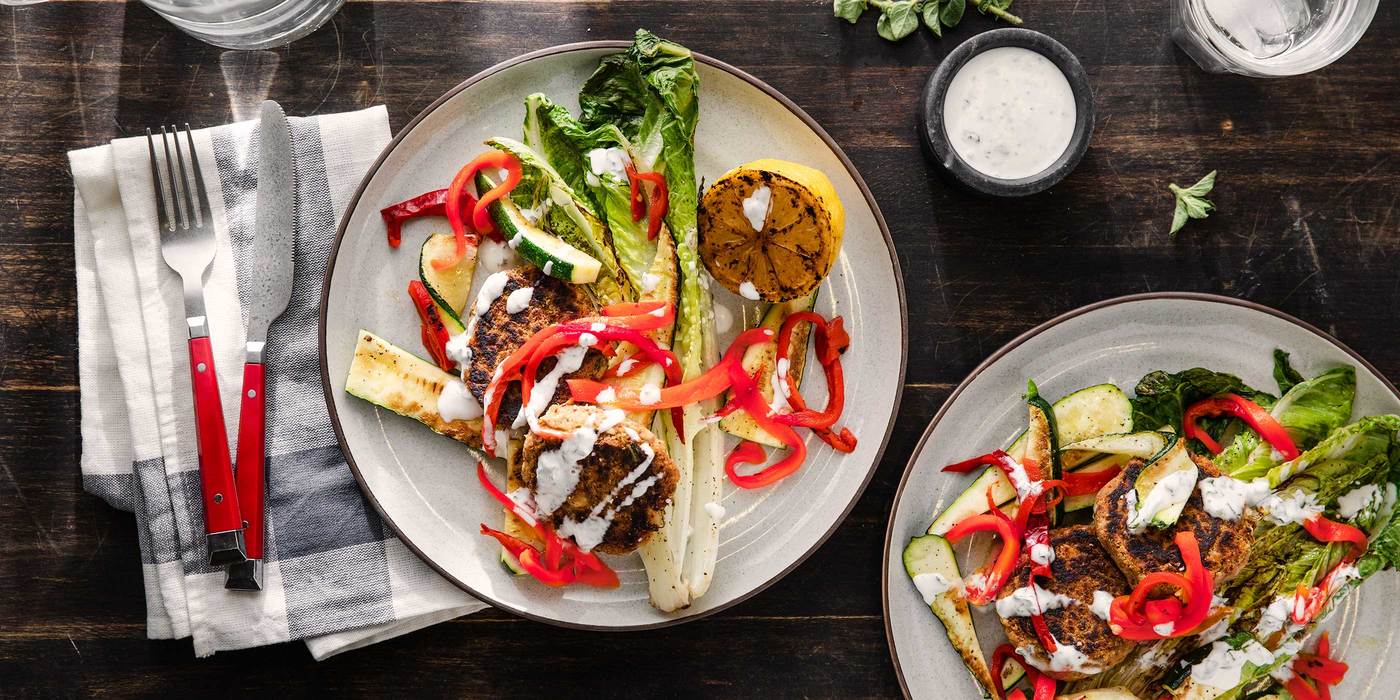 Mini White Bean Burgers with Charred Romaine Salad & Lemon Basil Dressing