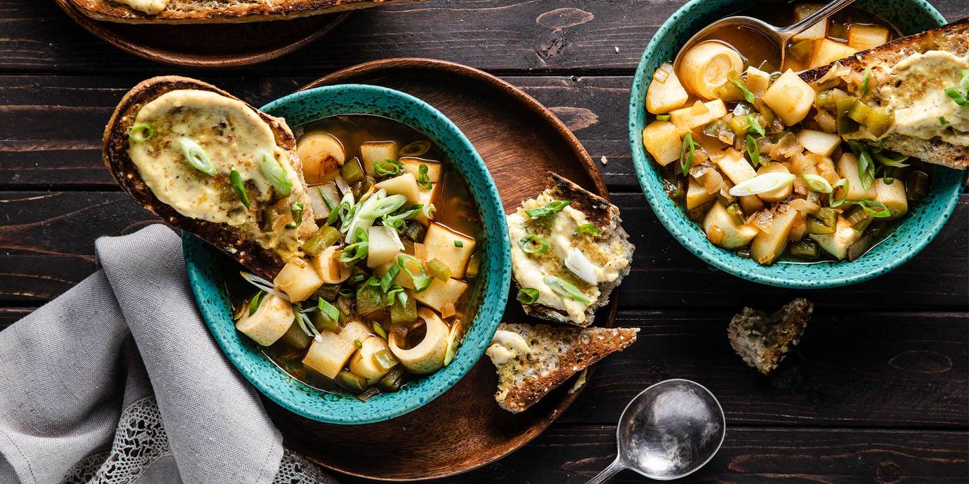 Basque Potato Soup with Hearts of Palm & Rouille Crostini