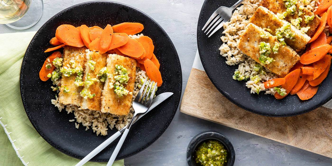 Crispy Tofu Steaks with Brown Rice & Green Ginger Relish