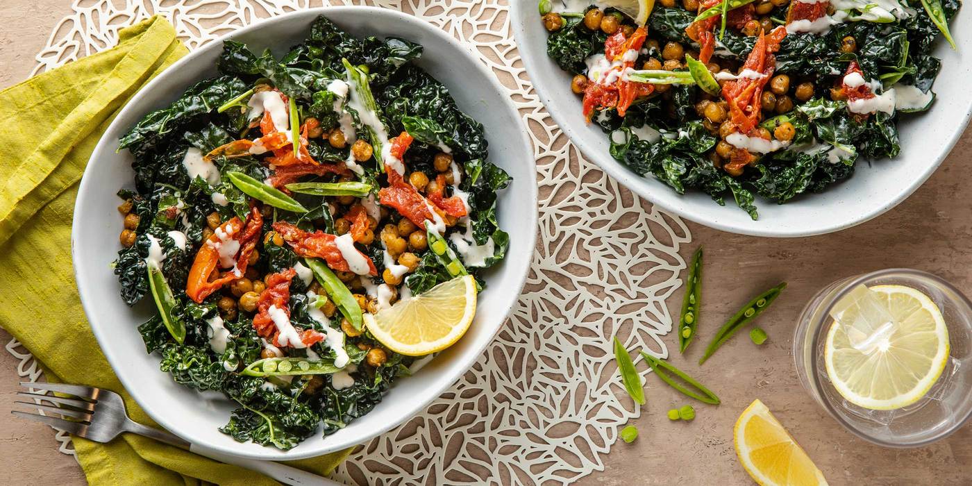 Snap Pea Kale Caesar with Roasted Tomatoes & Herbed Chickpeas