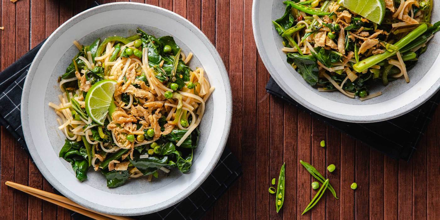 Green Vegetable Pad Thai with Swiss Chard & Snap Peas