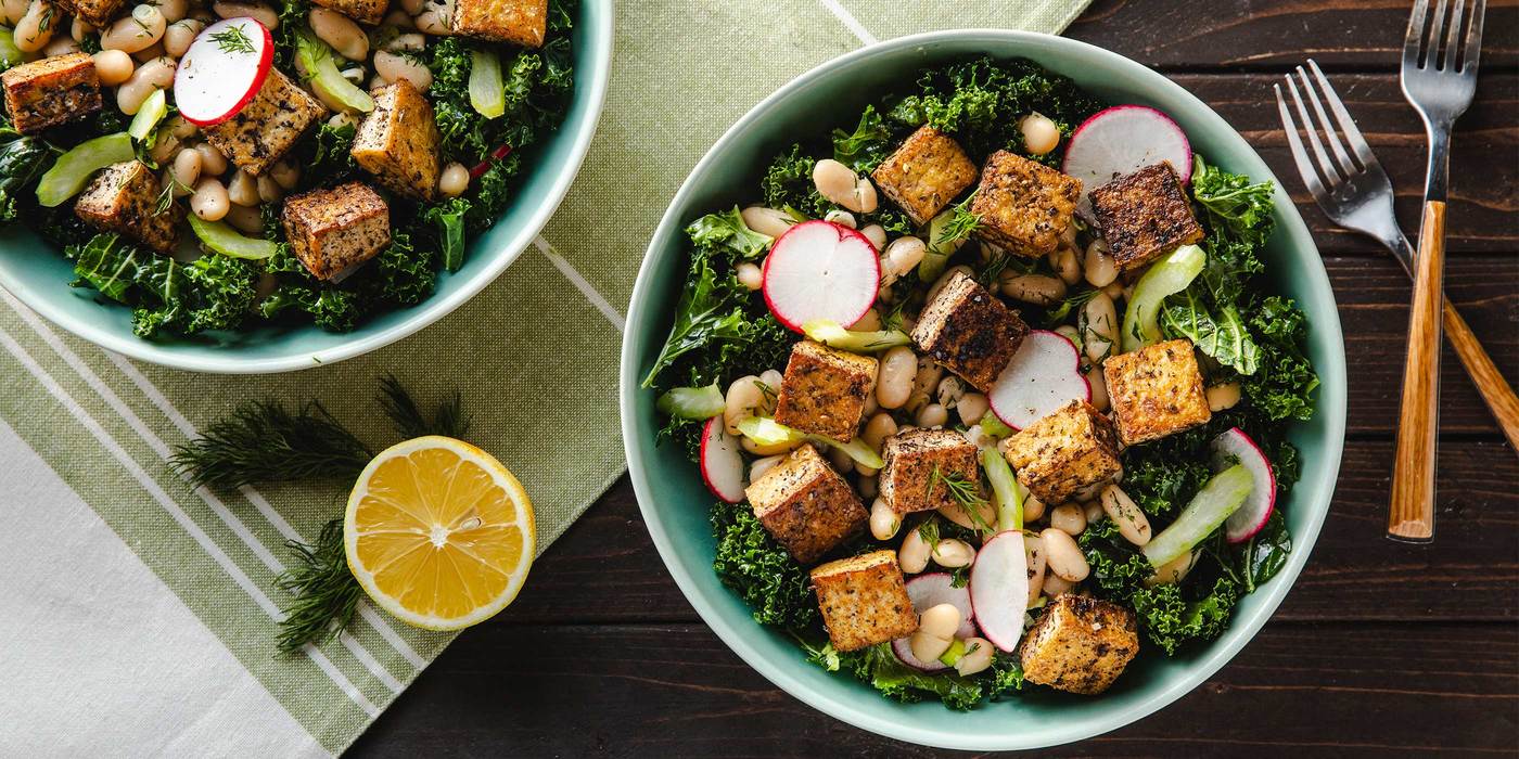 Za’atar Tofu with Lemony Cannellini Beans & Kale Radish Slaw