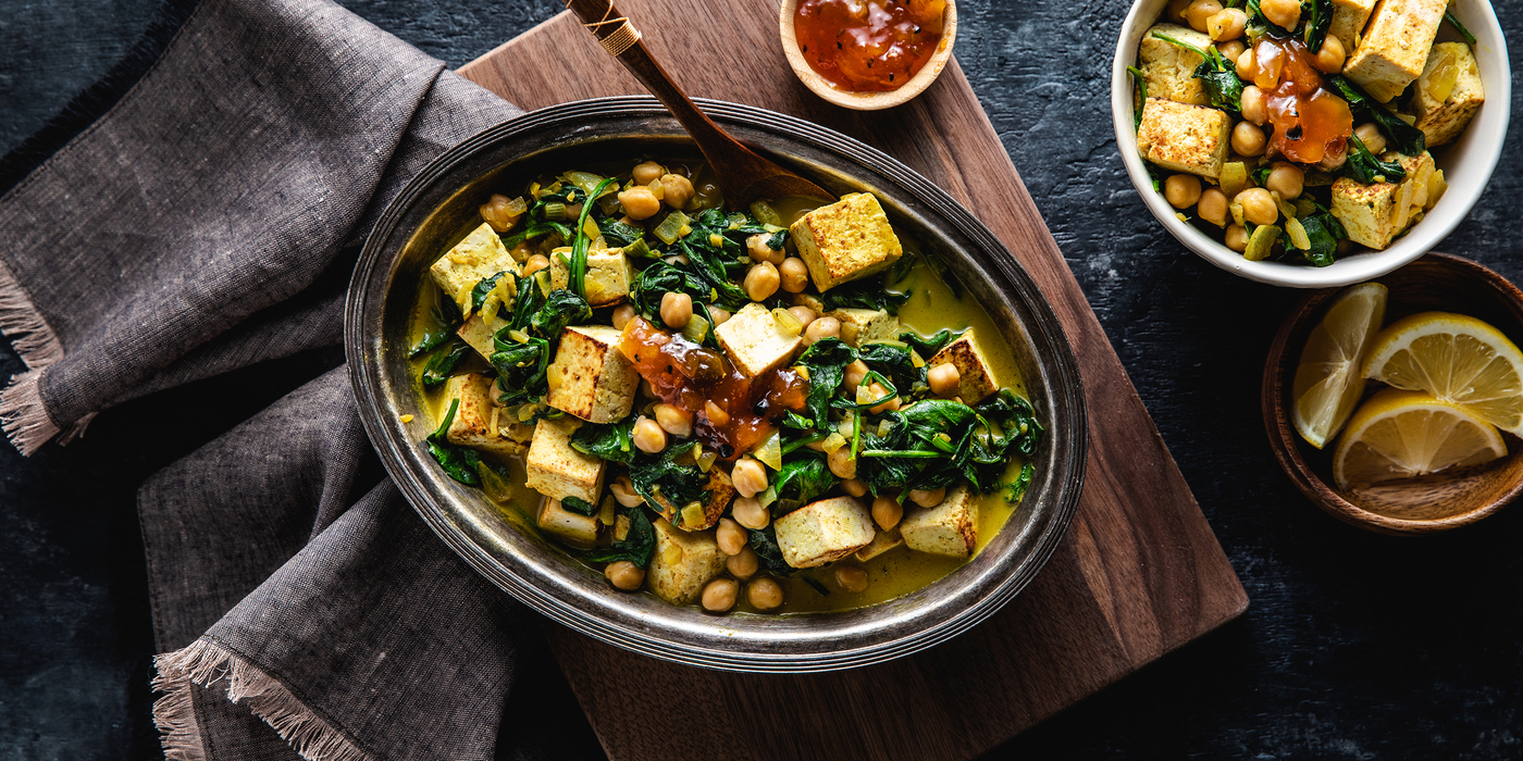 Tofu Saag Paneer with Chickpeas & Mango Chutney