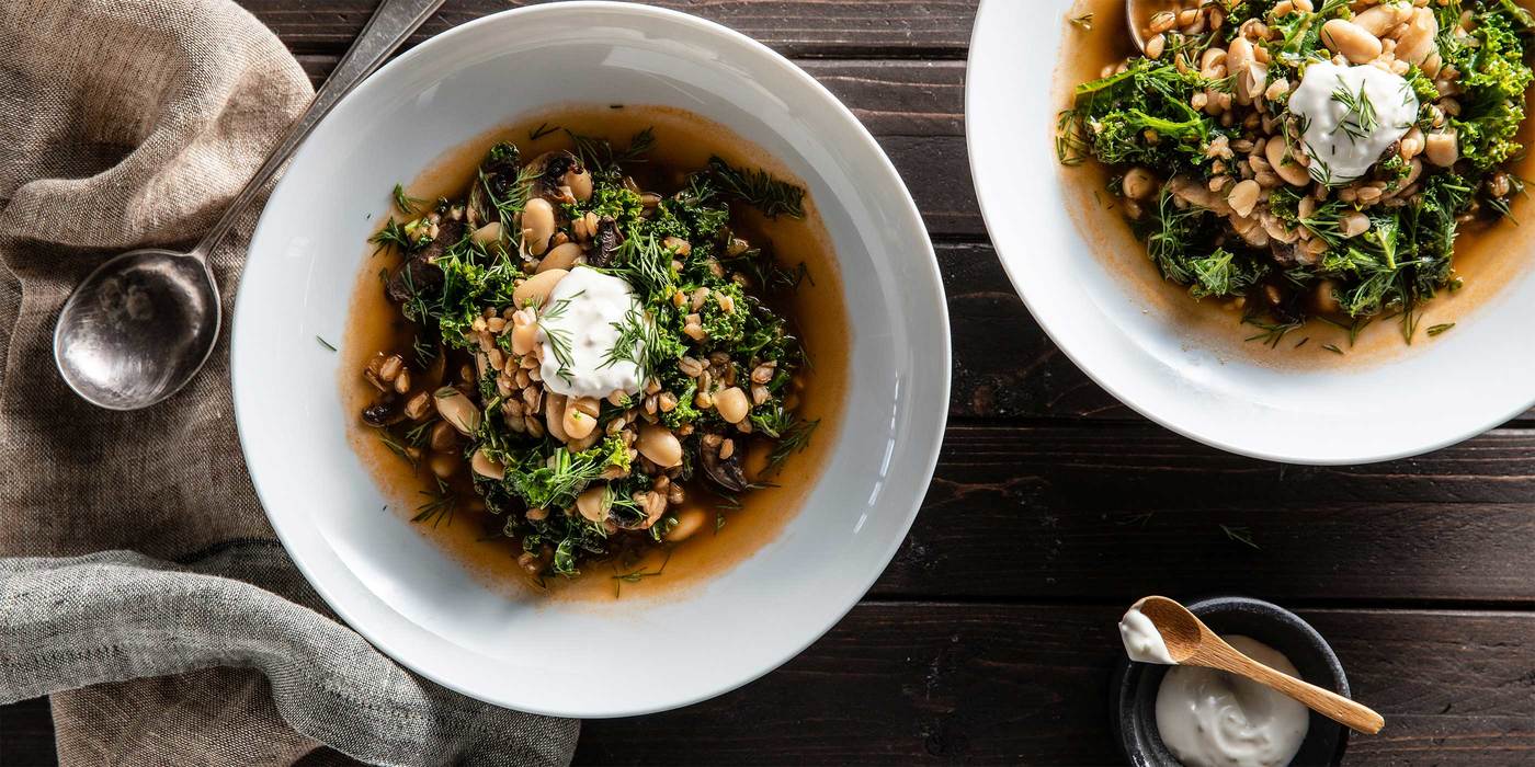 Grain Bowl Soup with Coriander Roasted Mushrooms & Dill