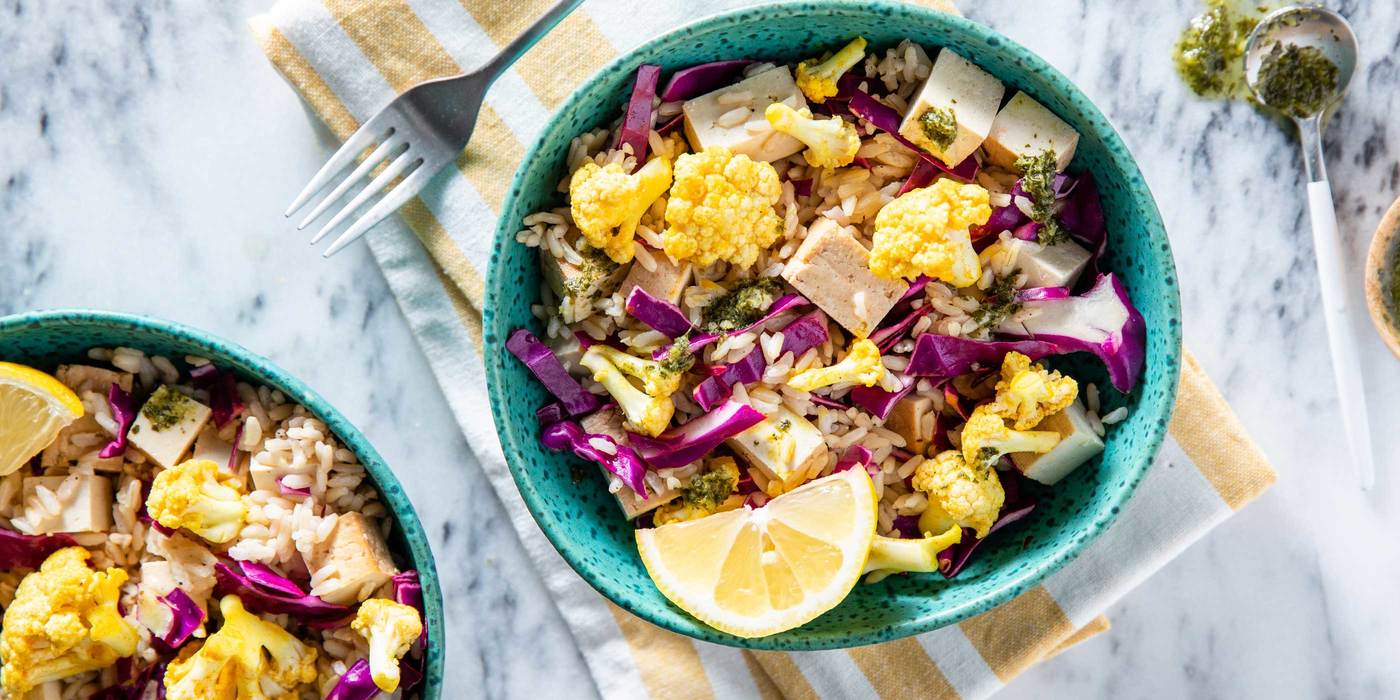 Curried Cauliflower Bowls with Brown Rice & Cilantro Chutney