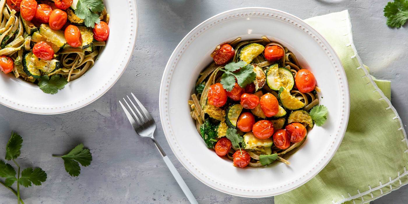 Cilantro Pepita Pesto Fettuccine with Roasted Zucchini & Cherry Tomatoes