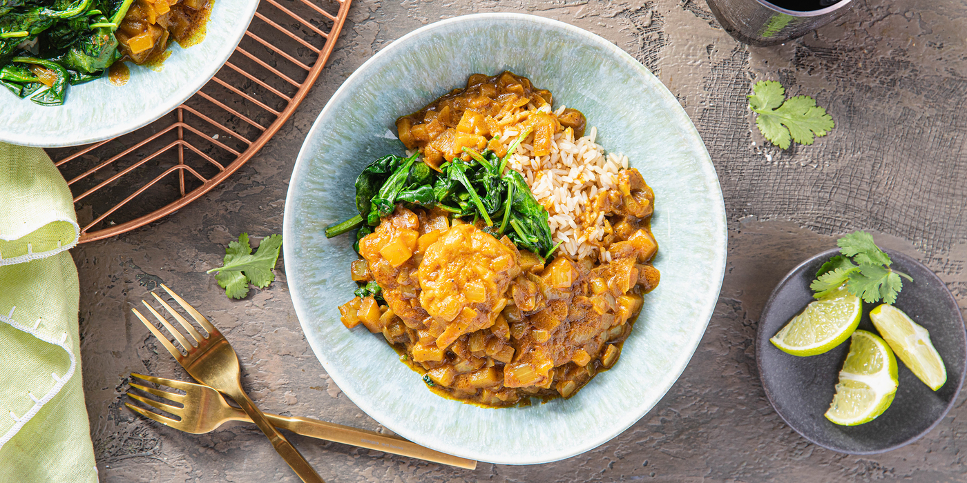 Mango Curry with Chickpea Dumplings & Spinach