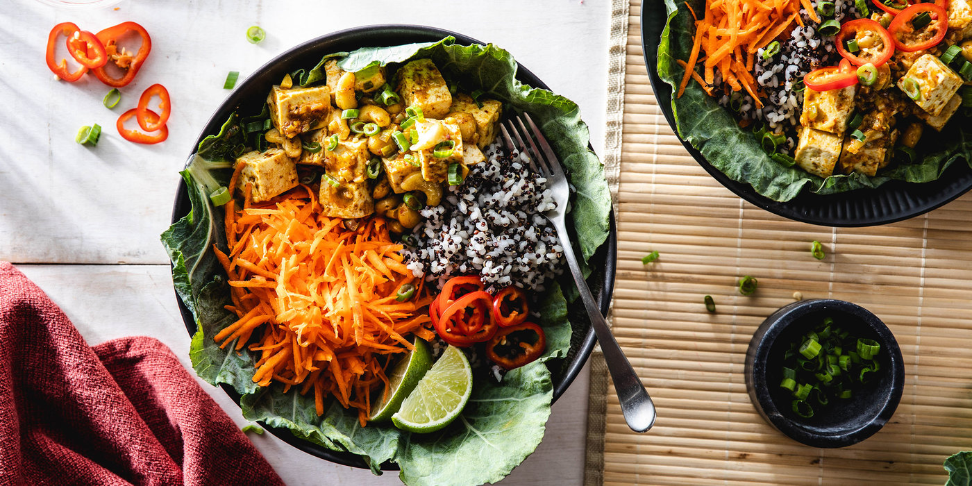 Curried Tofu Collard Wraps with Quinoa Speckled Rice & Chile