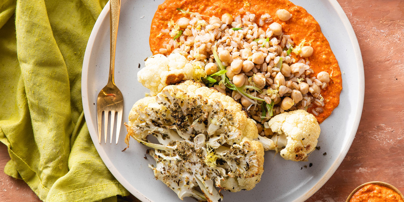 Spanish Cauliflower Steaks with Chickpea Farro Pilaf & Romesco Sauce