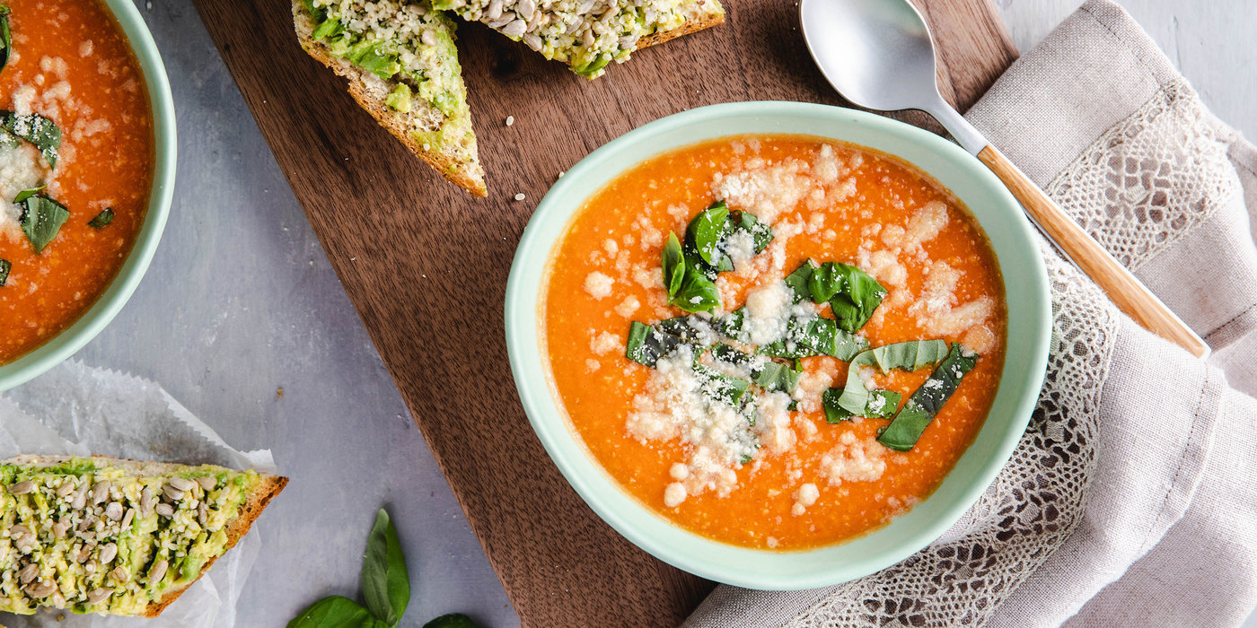 Creamy Tomato Soup with Basil & Seeded Avocado Toast