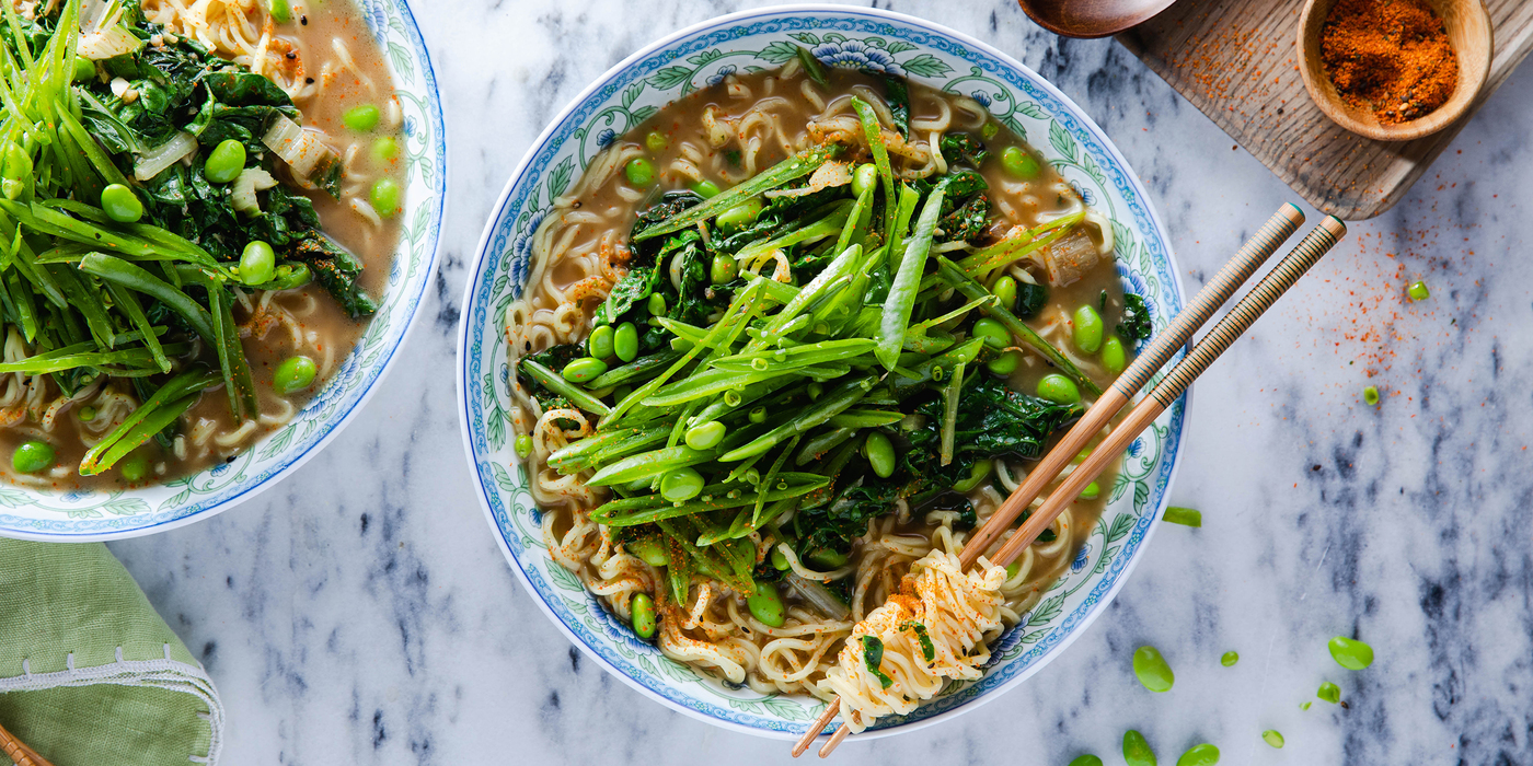 Spring Ramen with Sugar Snap Peas & Red Miso Coconut Broth