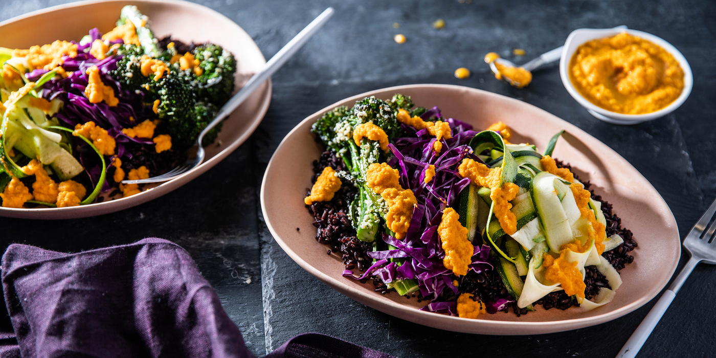 Midnight Macro Bowl with Broccolini & Carrot Ginger Dressing