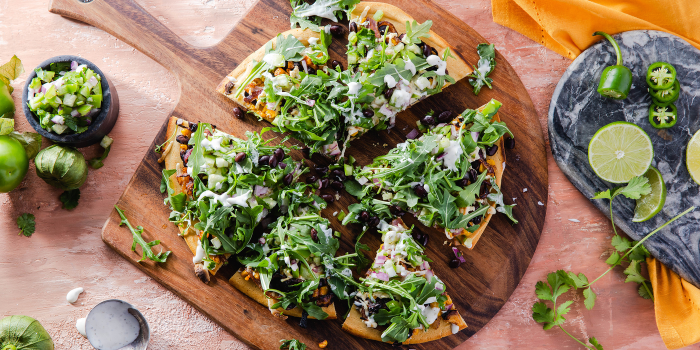 Mexican Socca Pizza with Tomatillo Salsa & Chipotle Corn