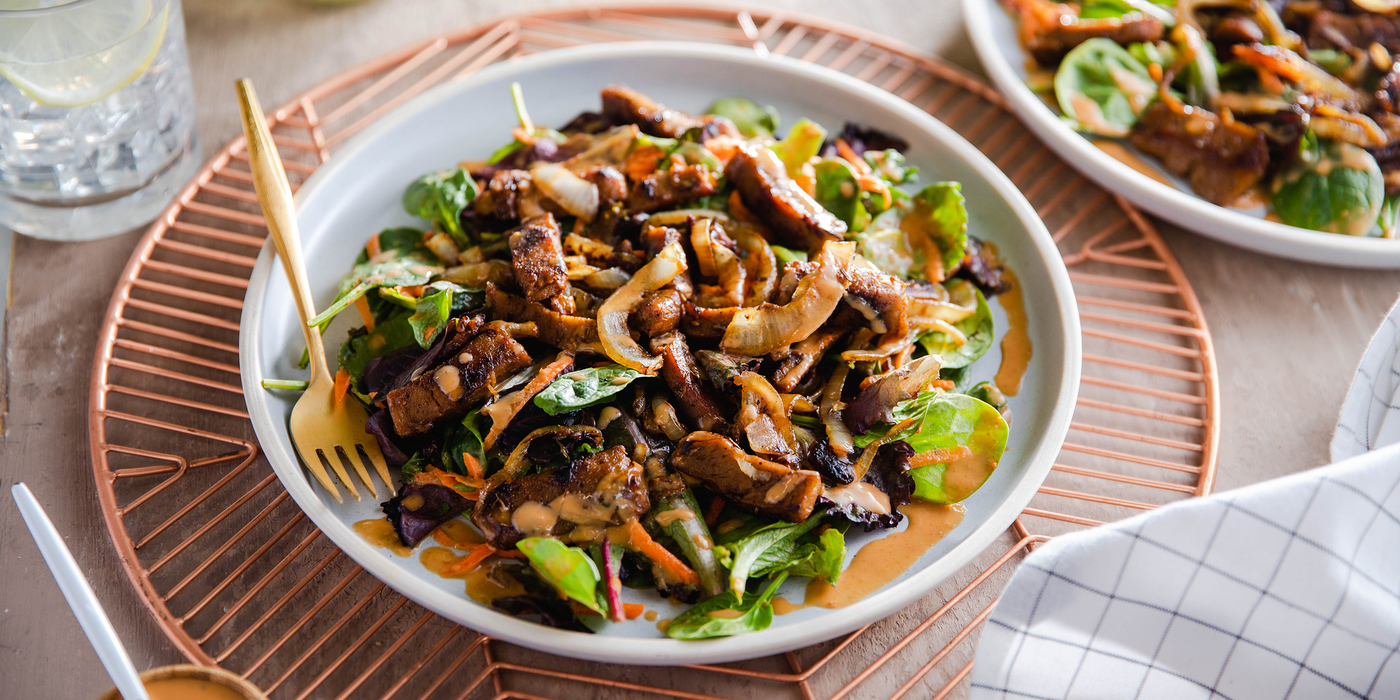 Cumin Stir-Fried Seitan with Arcadian Greens & Peanut Dressing