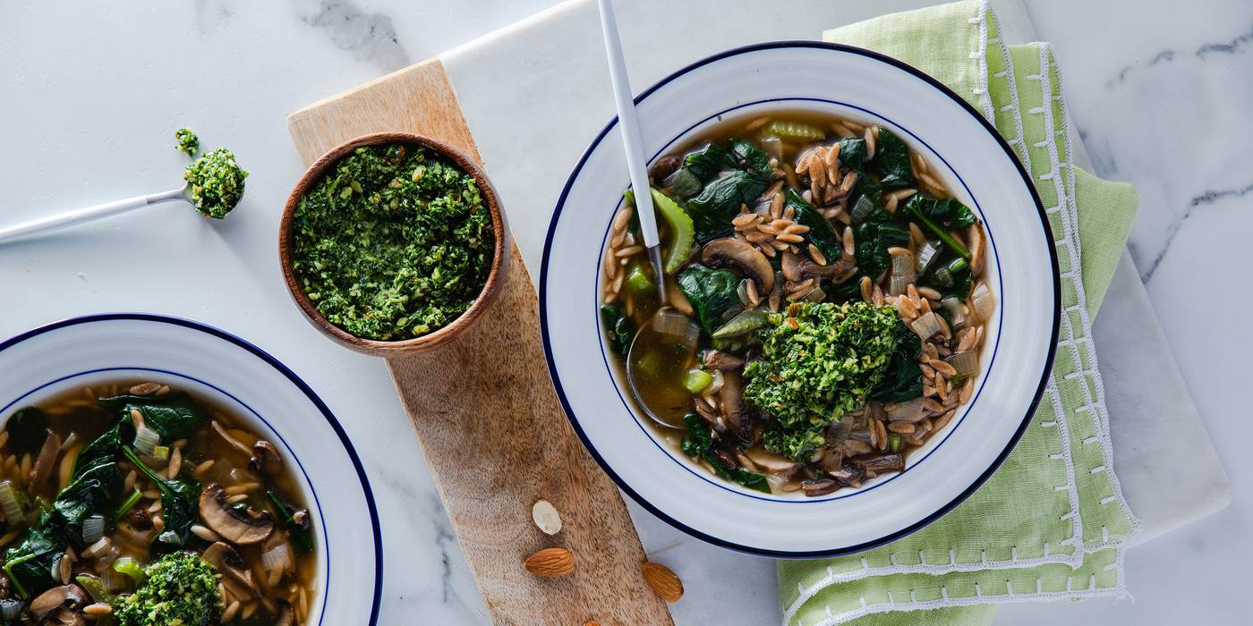 Super Green Soup with Kale Pesto & Whole Wheat Orzo