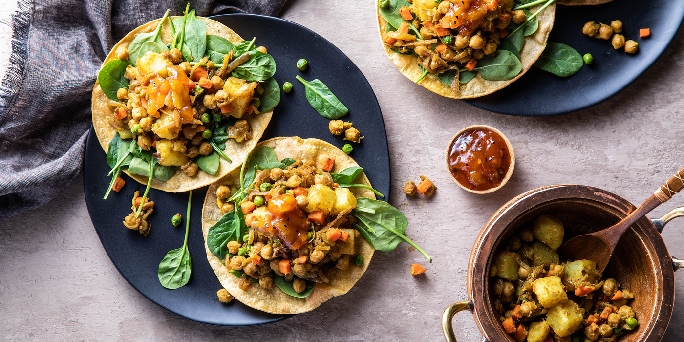 Chickpea Samosa Tostadas with Caramelized Onions & Mango Chutney