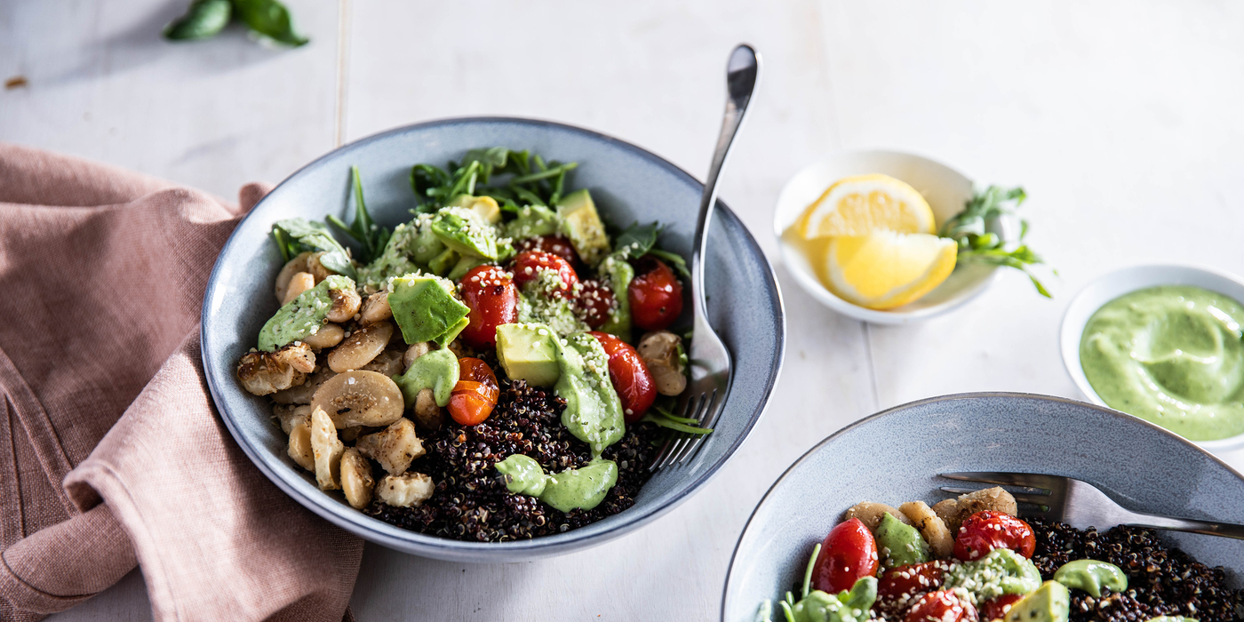 Green Goddess Bowl with Crispy Butter Beans & Black Quinoa