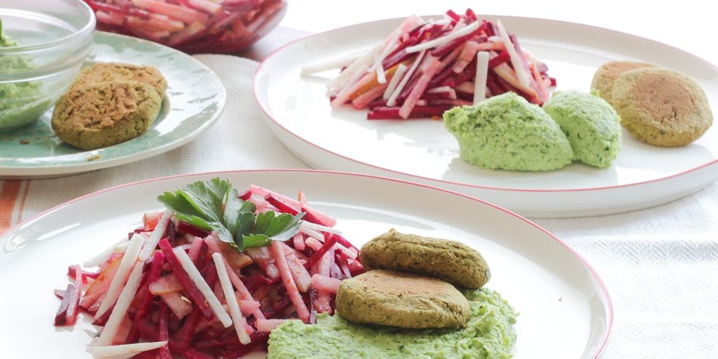 Falafel with an Edamame Hummus and Asian Pear Slaw