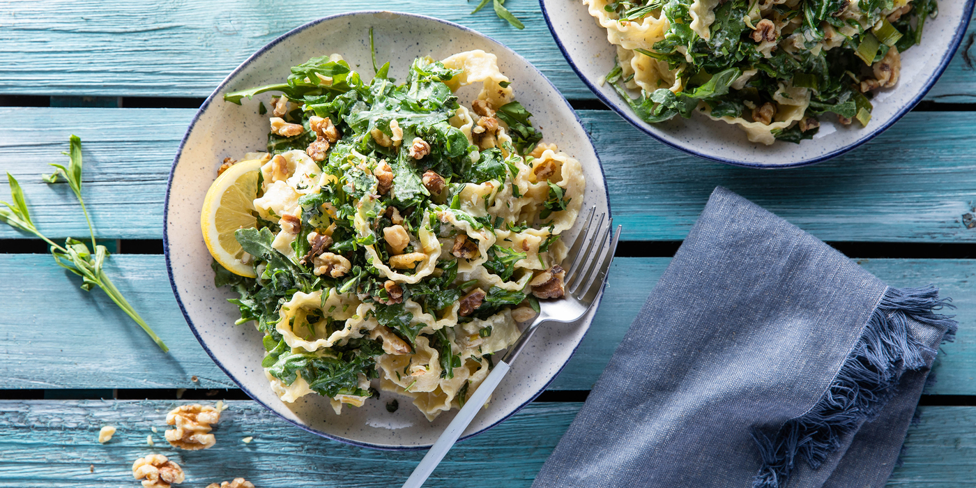 Mafaldine Pasta with Melted Leeks & Garlic Herb Cashew Cream