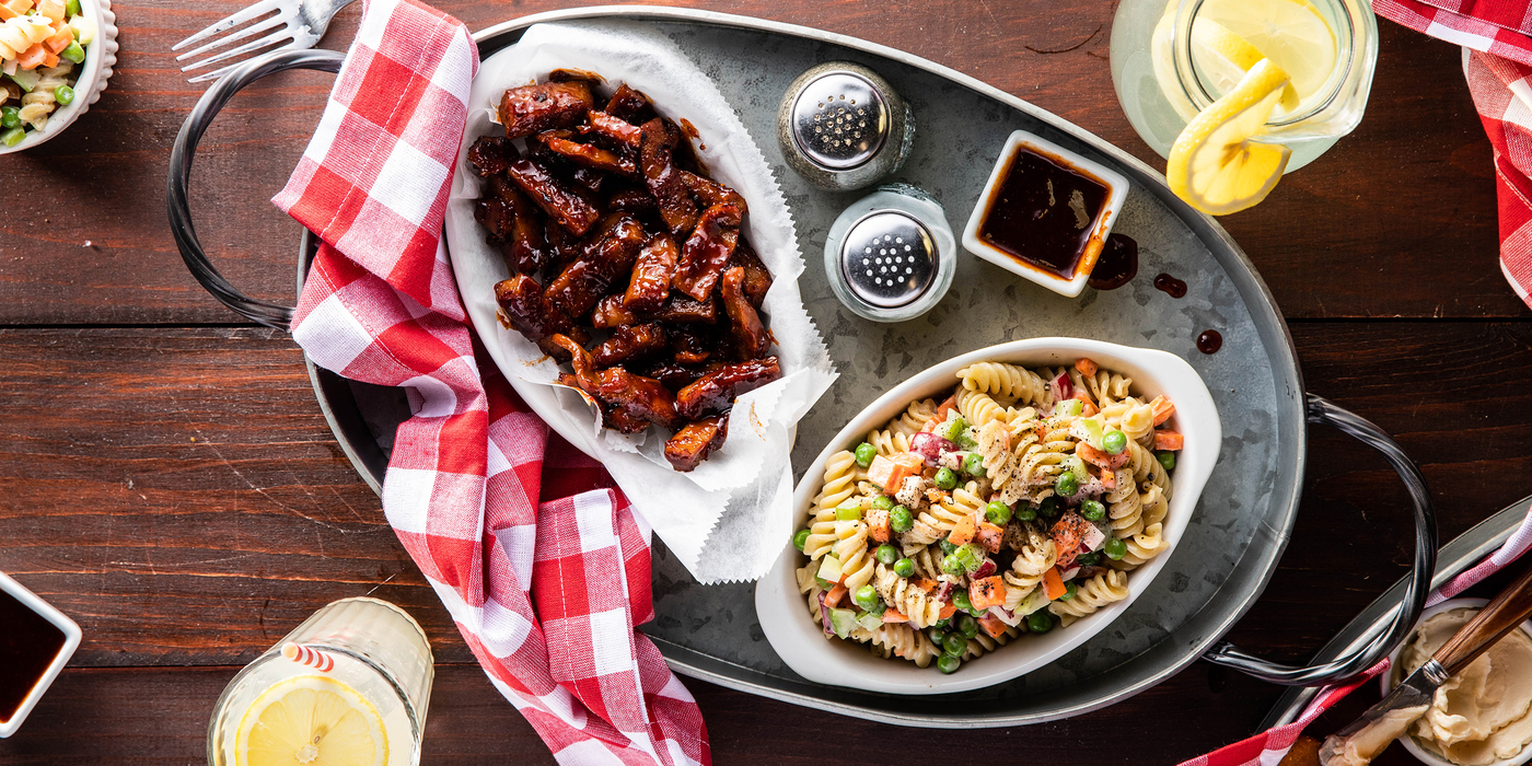 Barbecue Seitan with Fusilli Pasta Salad