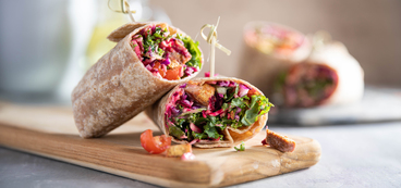 Kale Caesar Wraps with Tomatoes & Whole Grain Croutons