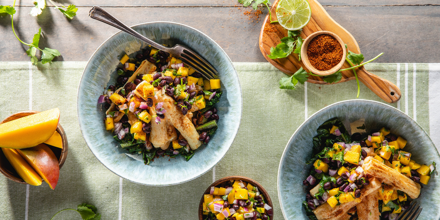 Baja Bowls with Crispy Hearts of Palm & Mango Salsa