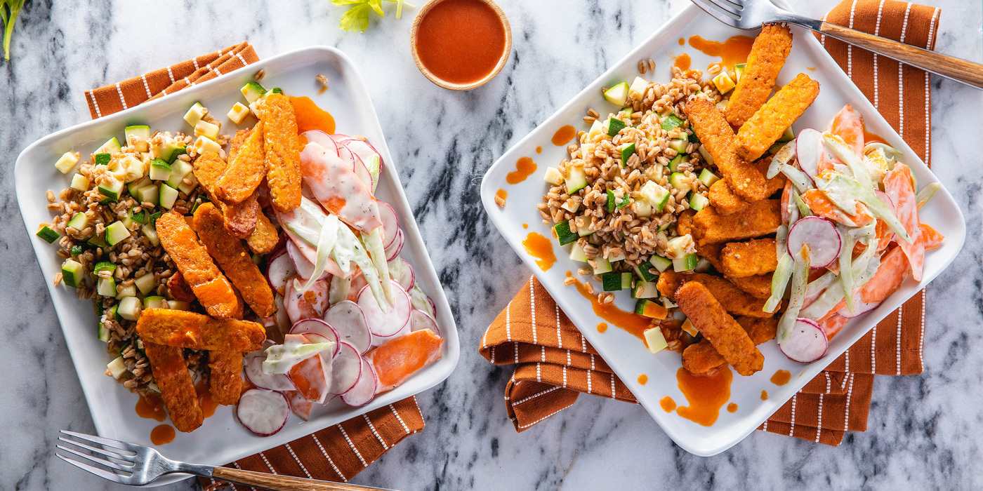 Baked Buffalo Tempeh with Farro & Carrot Celery Slaw