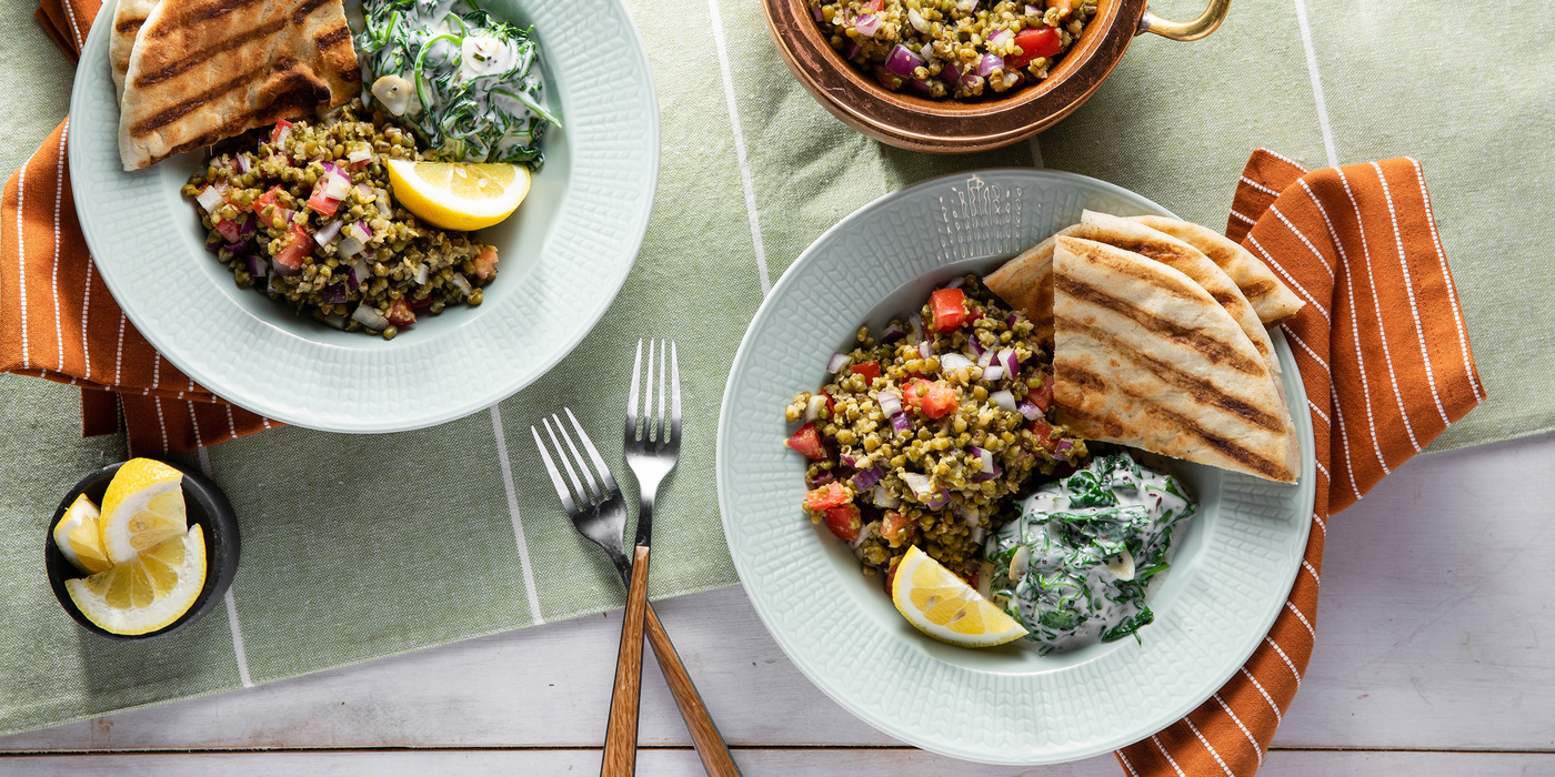 Mung Bean Chaat with Spinach Yogurt Raita & Grilled Flatbread