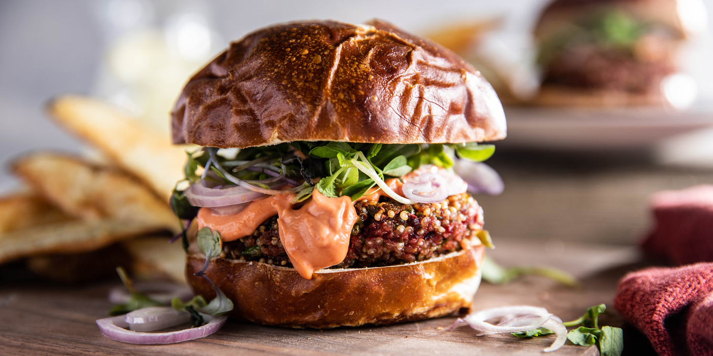 Beet Burgers with Smoky Tomato Aioli & Potato Wedges