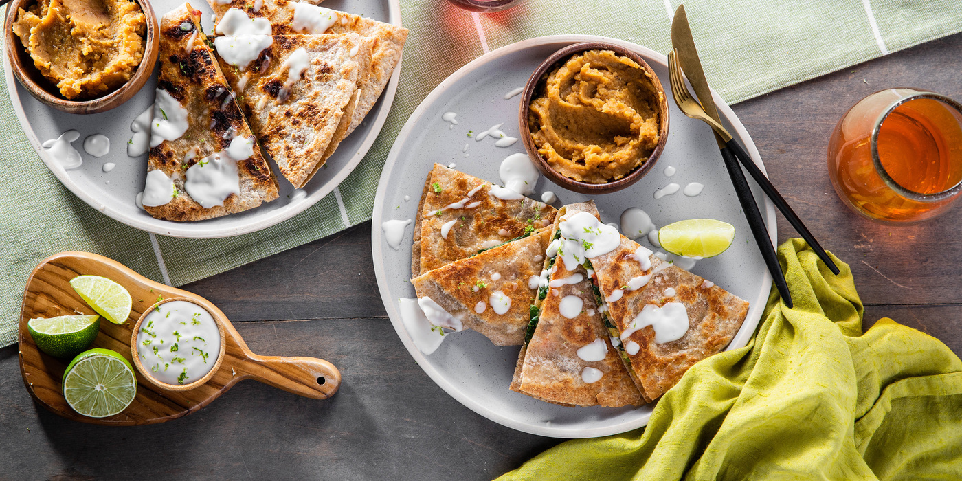 Red & Green Quesadillas with Refried Lentils & Lime Crema