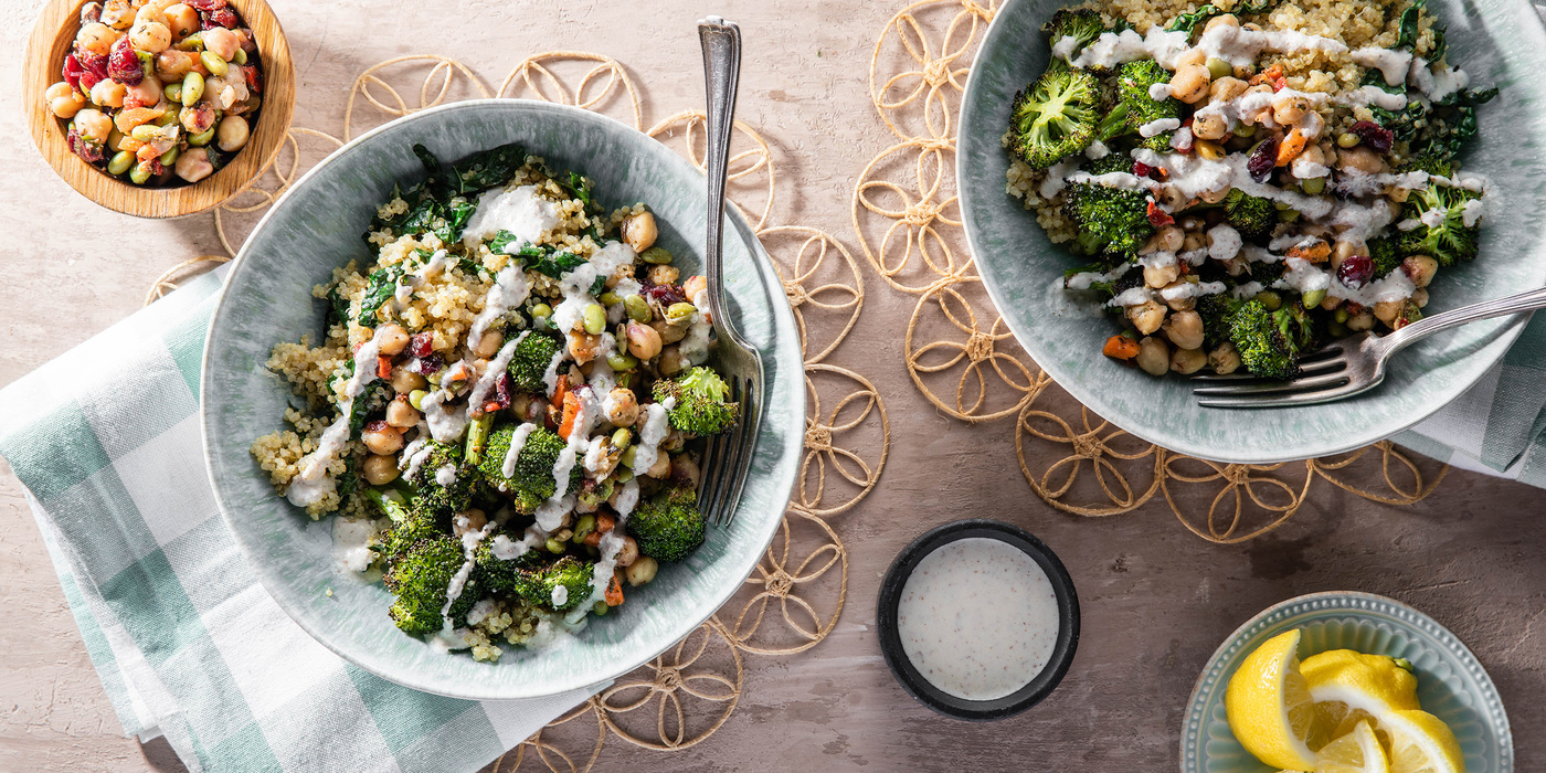 Chickpea Quinoa Bowl with Roasted Broccoli & Creamy Almond Dressing