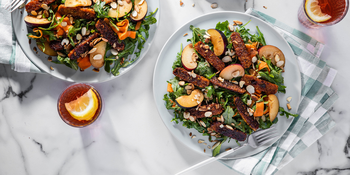 Tahini Rainbow Salads with Tempeh Bacon & Fresh Plum