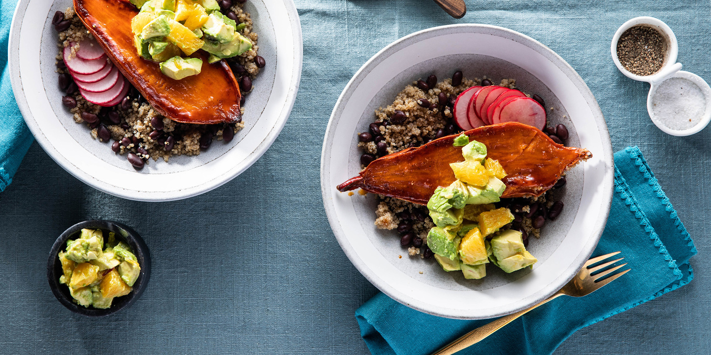 Mojo Sweet Potato Bowls with Black Bean Quinoa & Citrus Avocado Salsa