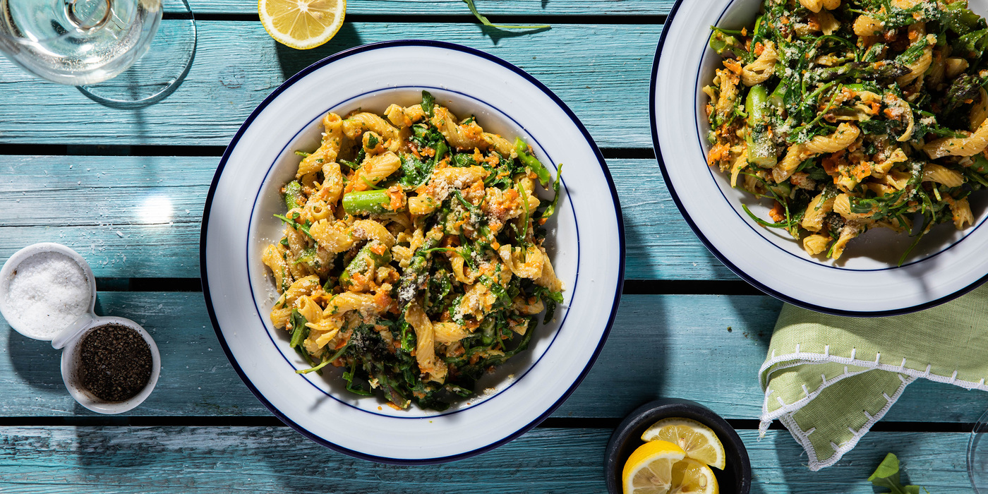 Carrot Pesto Cavatappi with Arugula & Asparagus