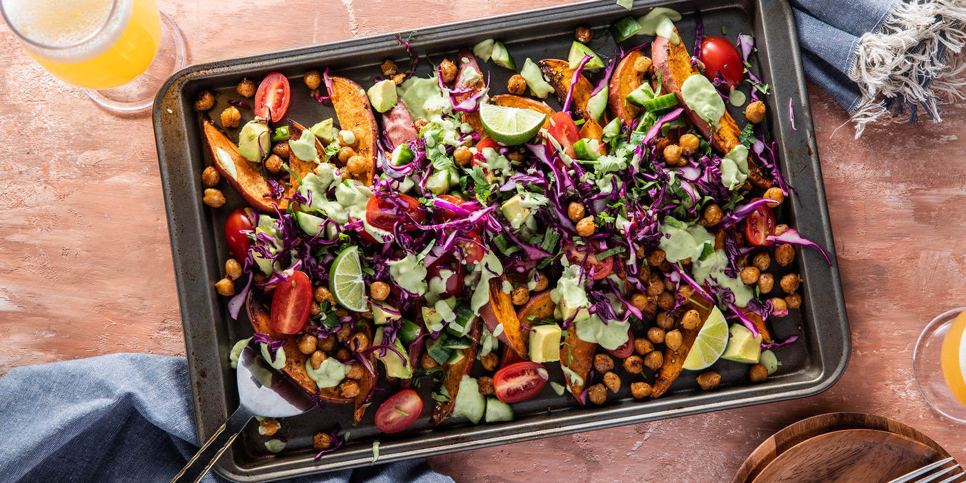 Loaded Sweet Potato Fries with Chipotle Chickpeas & Avocado Aioli